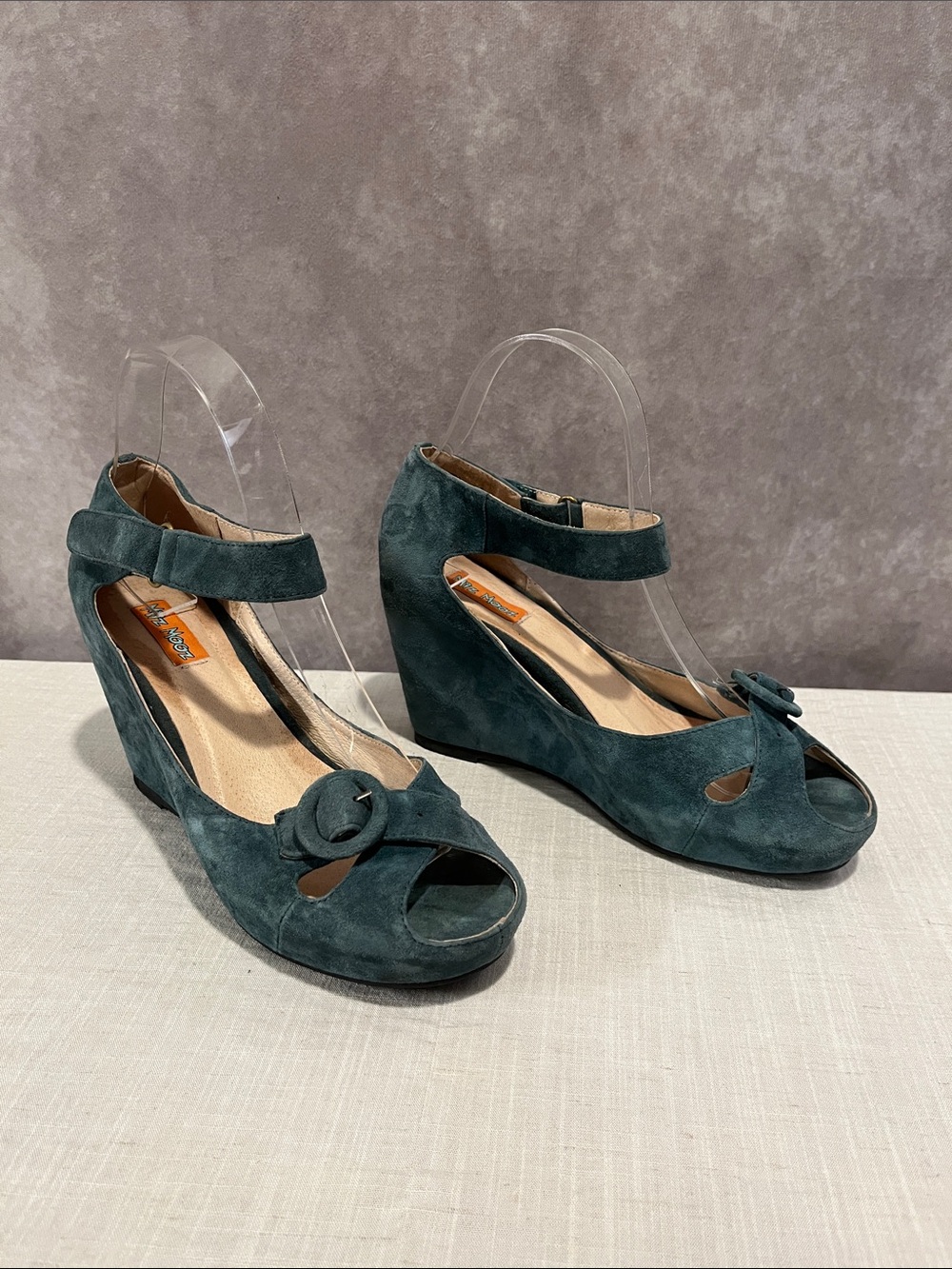 Miz Mooz Nora Teal Suede Wedge Peep-Toe Sandals with Ankle Strap size 7